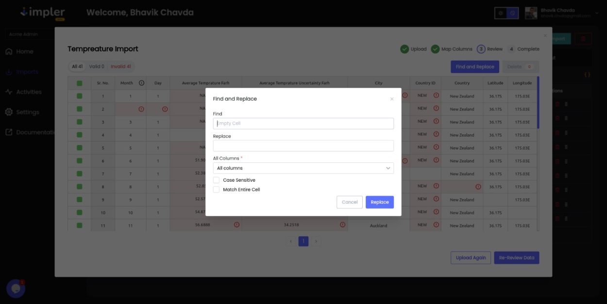 Glimpse of Find and Replace in the Importer