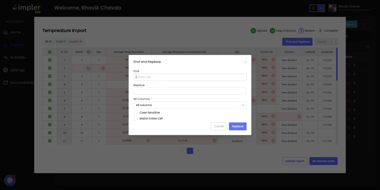 Glimpse of Find and Replace in the Importer